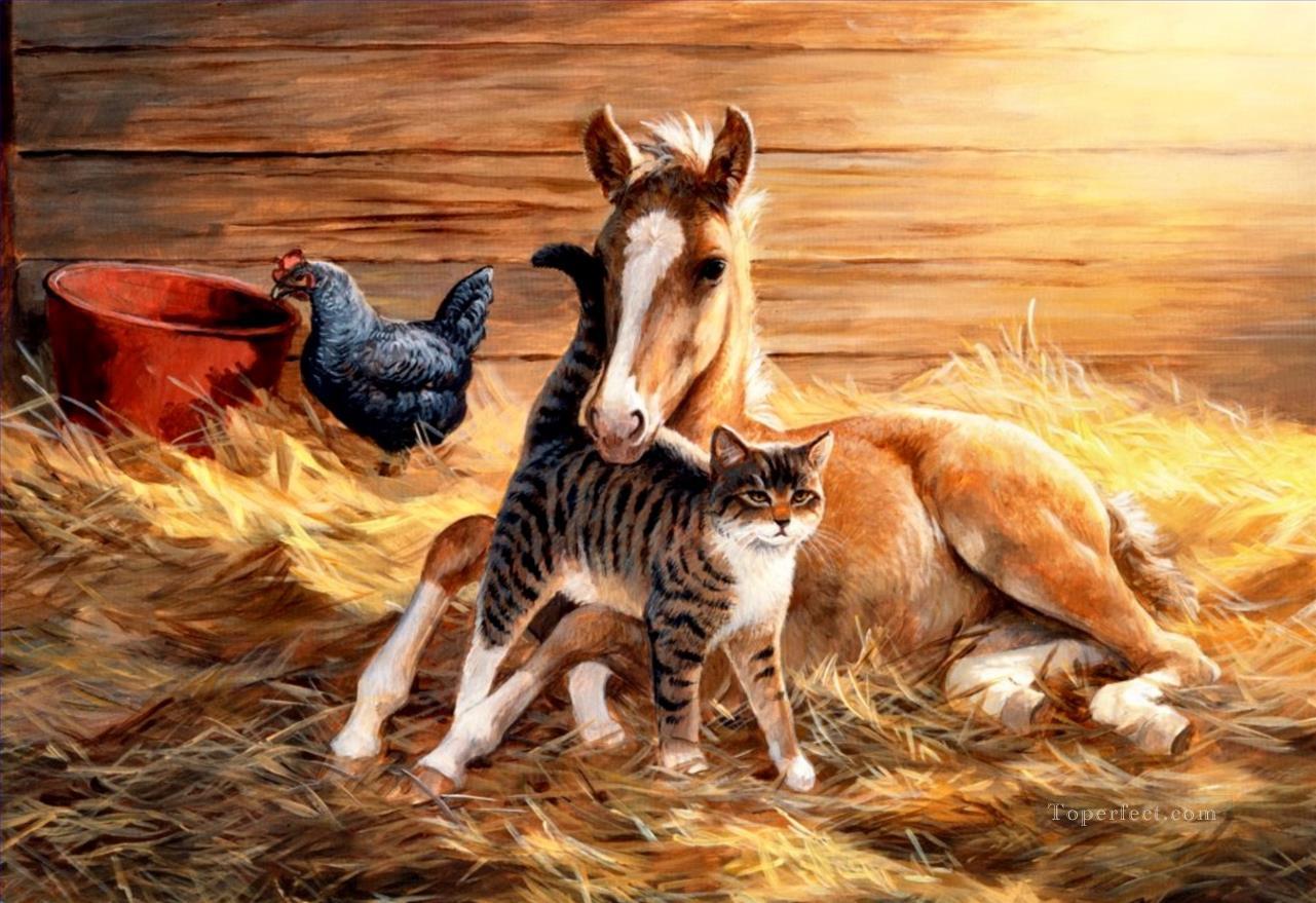 horse cat hen at barn Oil Paintings